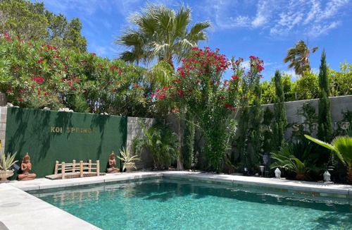 Desert Hot Springs Villa | Mineral Saltwater Solar heated Pool & Spa Oasis with mountain views and Koi pond